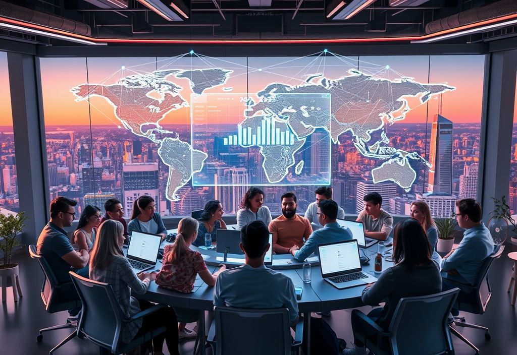 Futuristic 2025 co-working hub, diverse founders clustered around floating hologram of an app dashboard, neon network lines connecting global city skylines